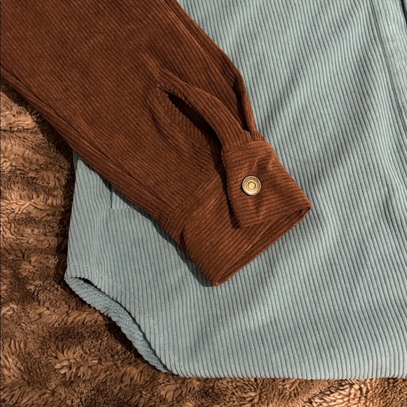 Sage Green & Mocha Colorblock Ribbed Button Down Western Boho Oversized Fall Top - Picture 5 of 8